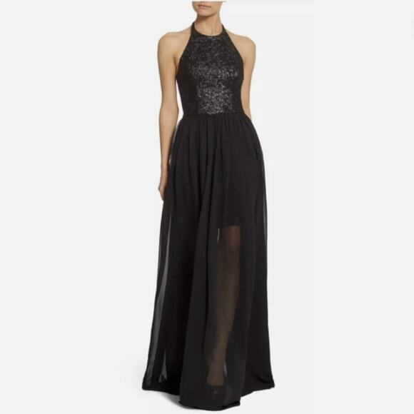 Dress the Population Farah Black Sequin Halter Fit & Flare Gown, Size Med - Picture 1 of 8